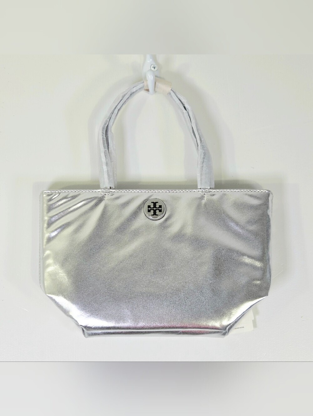 NWT TORY BURCH METALLIC SILVER MINI TOTE BAG WITH STRAP.
